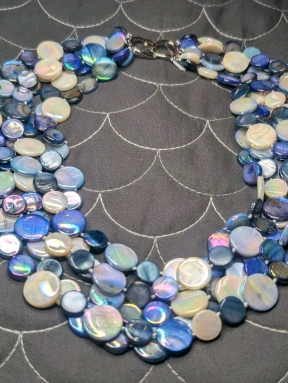 ​Sea Lily 5-Strand HandKnotted MOP Coin Disc Necklace - Blue Ombre + FREE GIFT